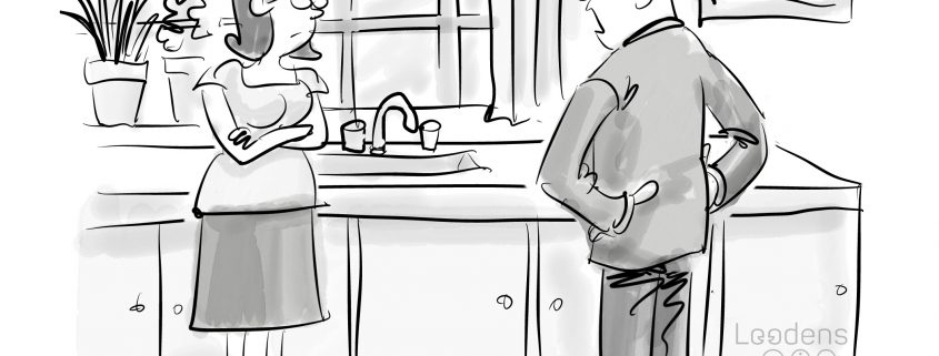 cartoon van een man die in de keuken tegen een vrouw zegt: and now i would like to tell you everything i dont enjoy about our relationship